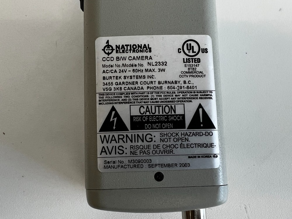 National Electronics CCB B/W Camera with Power Supply
