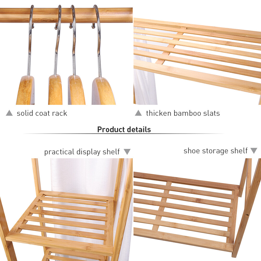 Bamboo Garment Rack Freestanding Closet Heavy Duty Clothes Rod Storage Organizer