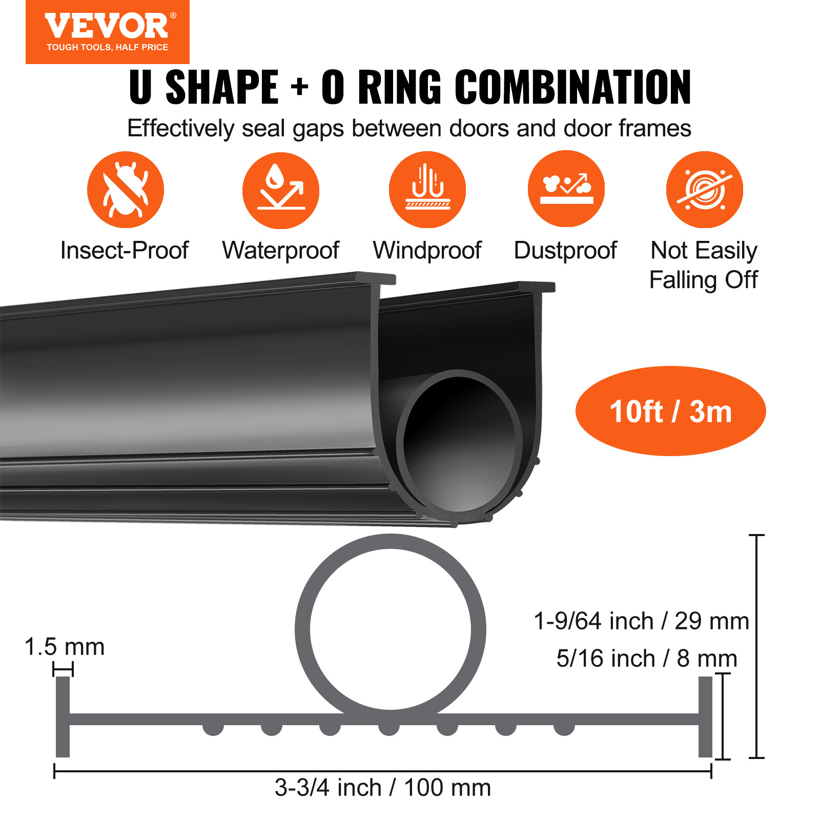 VEVOR Garage Door Seals Bottom Rubber Weather Stripping 10ft 5/16 inch T-end