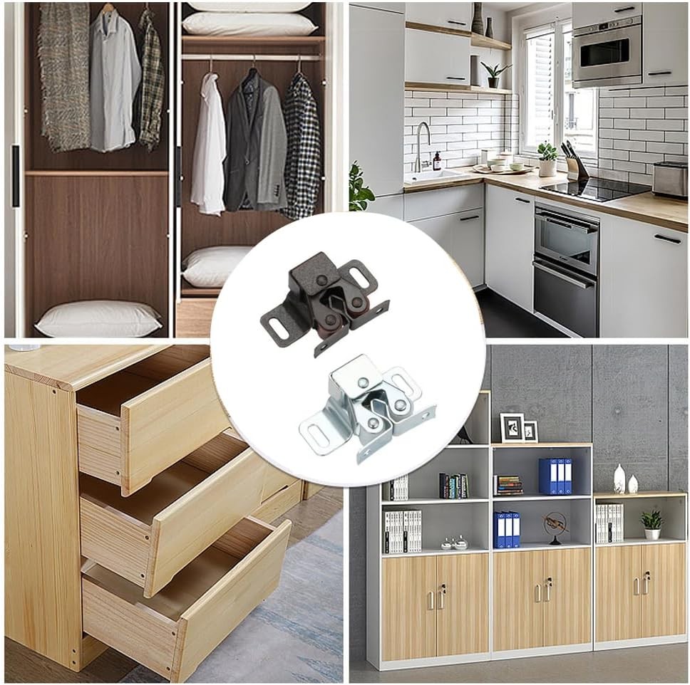6 Pack Cabinet Latch - Double Roller Catch Hardware for Cupboard Closet Kitchen