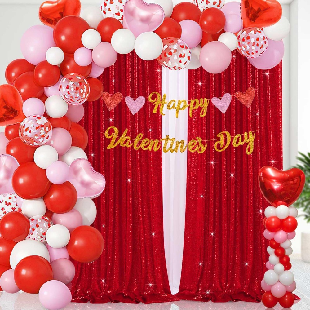 Red Sequin Backdrop Curtain 2 Panels 2ftx8ft Shiny Valentines Backdrop Drapes...