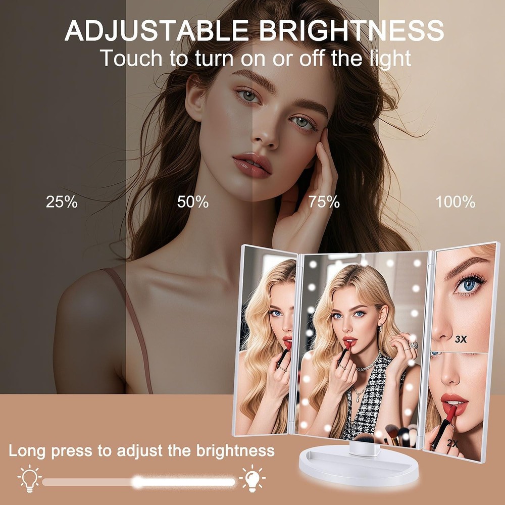 Floor Mount Tri-Fold Lighted Vanity Mirror with 21 LED Lights, Touch Screen