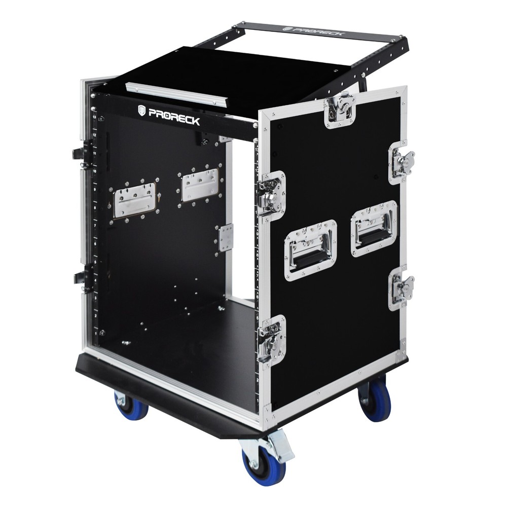 PRORECK 14U Rack/Road Case With 20'' Rackable Depth Slant Mixer Top, Casters