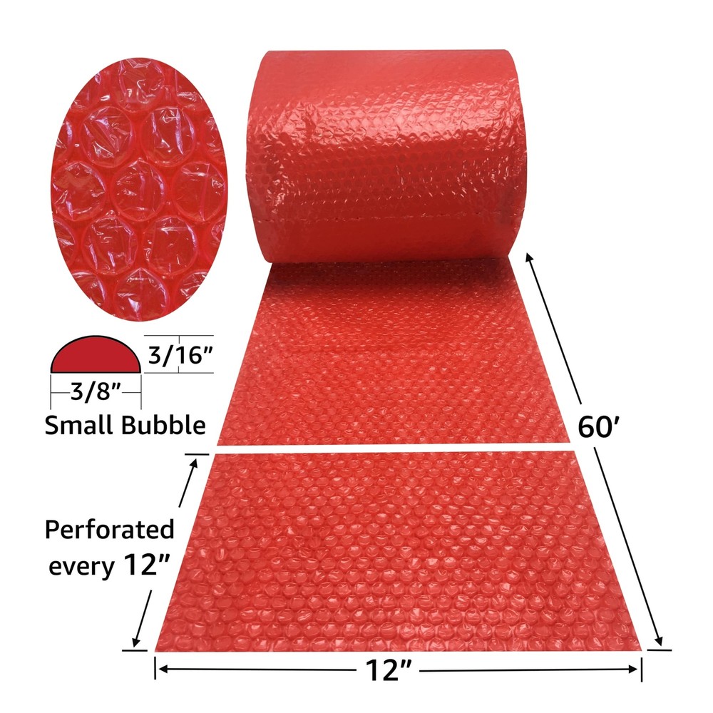 UOFFICE Small Bubble Red Wrap - 60' x 12" Wide perforated every 12"