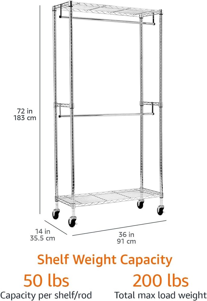 Adjustable Clothes Rack Handing Double Hanging Rod Garment Rolling Closet