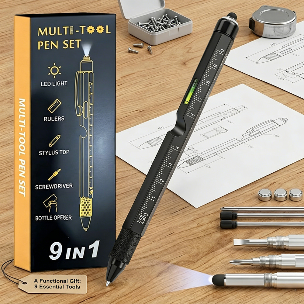 9 in 1 Multifunction Ballpoint Pen with Modern Handheld Tool Measure Technical