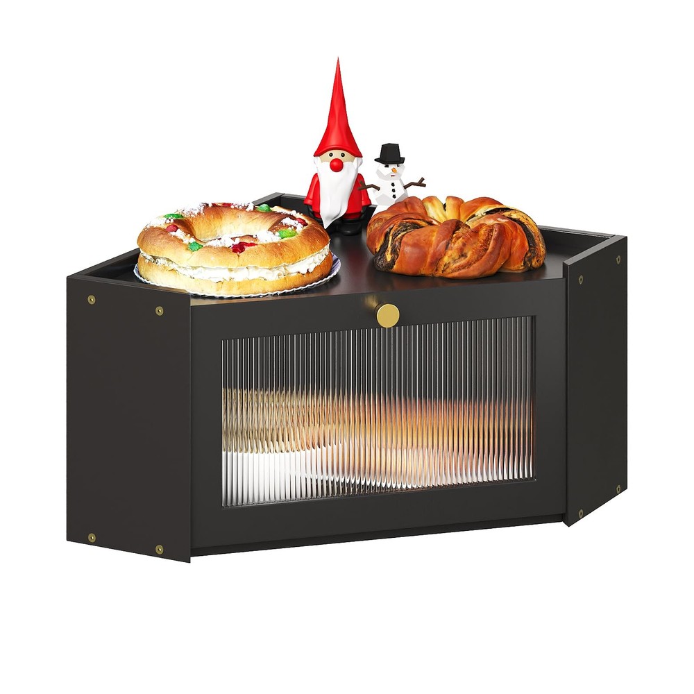Trironsun Corner Bamboo Bread Box for Kitchen Counter Large Capacity Black