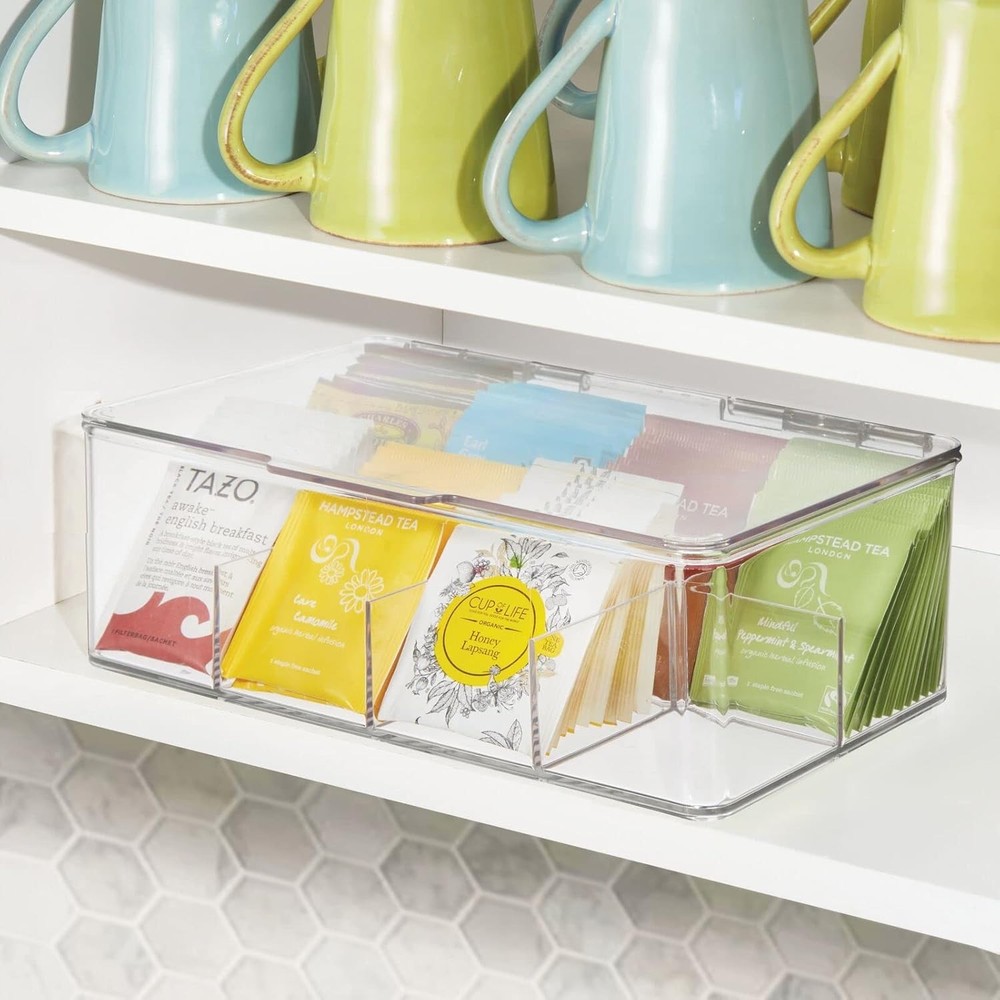 Single Serve Tea Bag Storage Box W/ Divided Compartments & Clear Lid