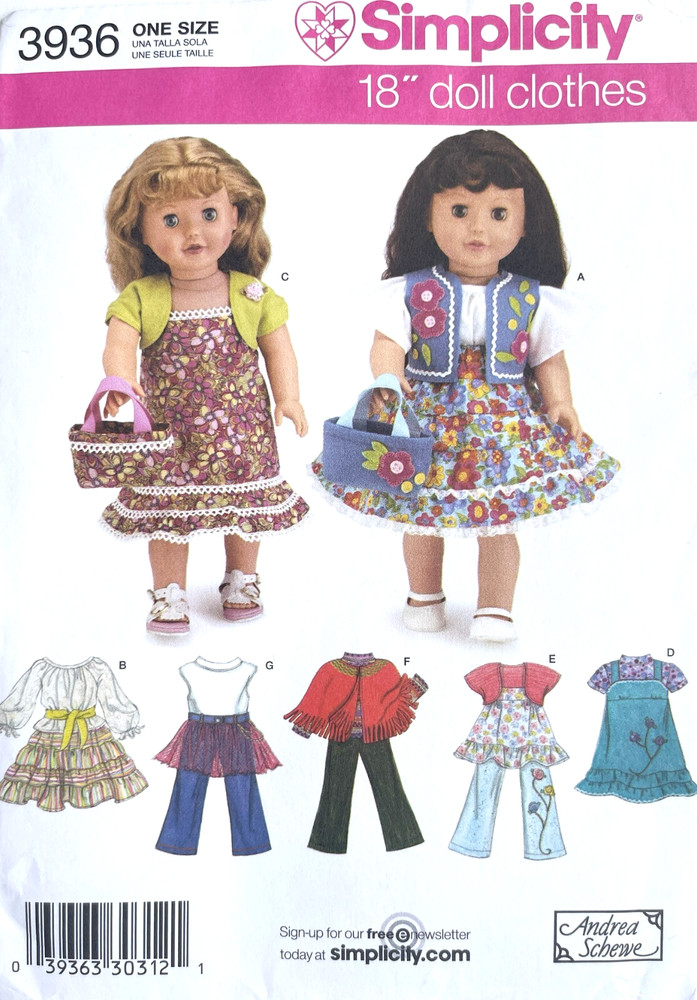 Simplicity  Doll Clothes Pattern 3936 Size 18" UNCUT