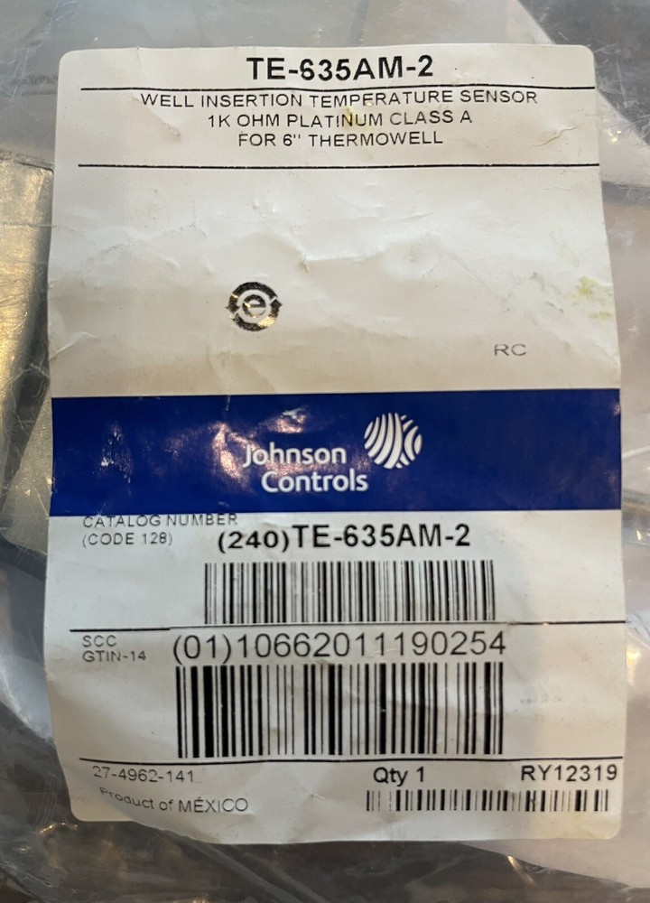 Johnson Controls TE-635AM-2 Temperature Sensor Platinum 1K Ohm Class A 6” Probe