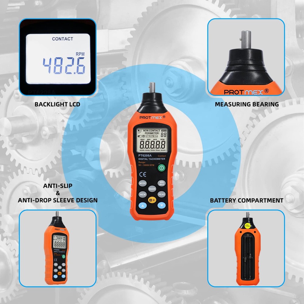 Digital Tachometer 50-19999 RPM Handheld Speed Meter with Backlight & Data