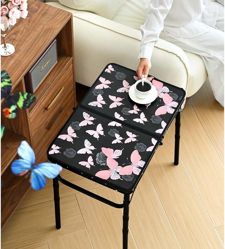 Small Camping Table Vintage French Butterflies Pattern Folding Table Adjustable