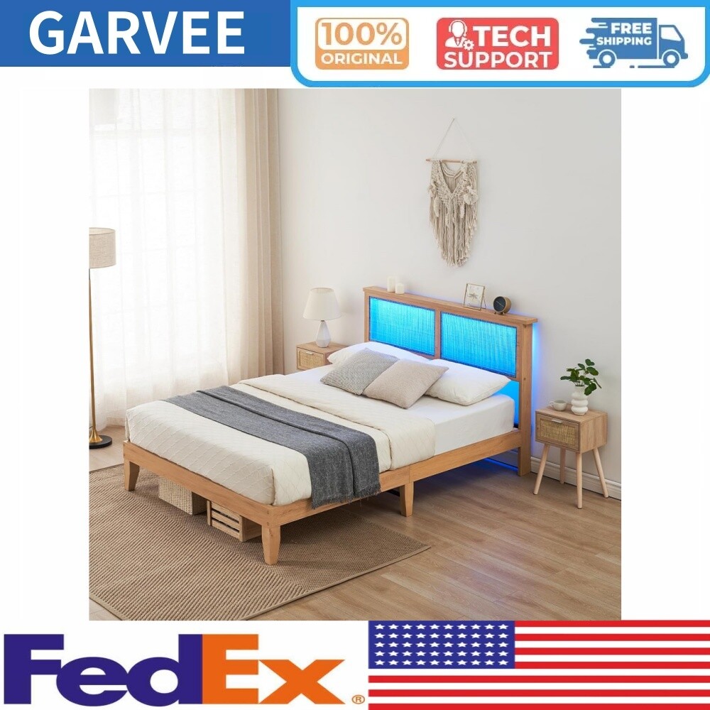 ✅Full Size Bed Frame with Rattan Headboard Platform Bed Frame with LED Lights NE