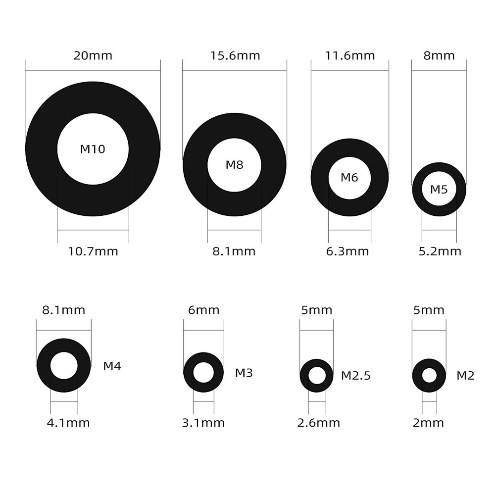 510 Pcs Black Nylon Flat Washer Kit - Assorted Sizes for Electrical Connections