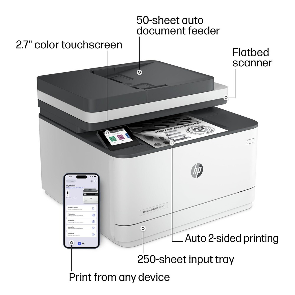 HP LaserJet Pro MFP 3101sdw Wireless All-in-One Laser Printer, Office Printer, D
