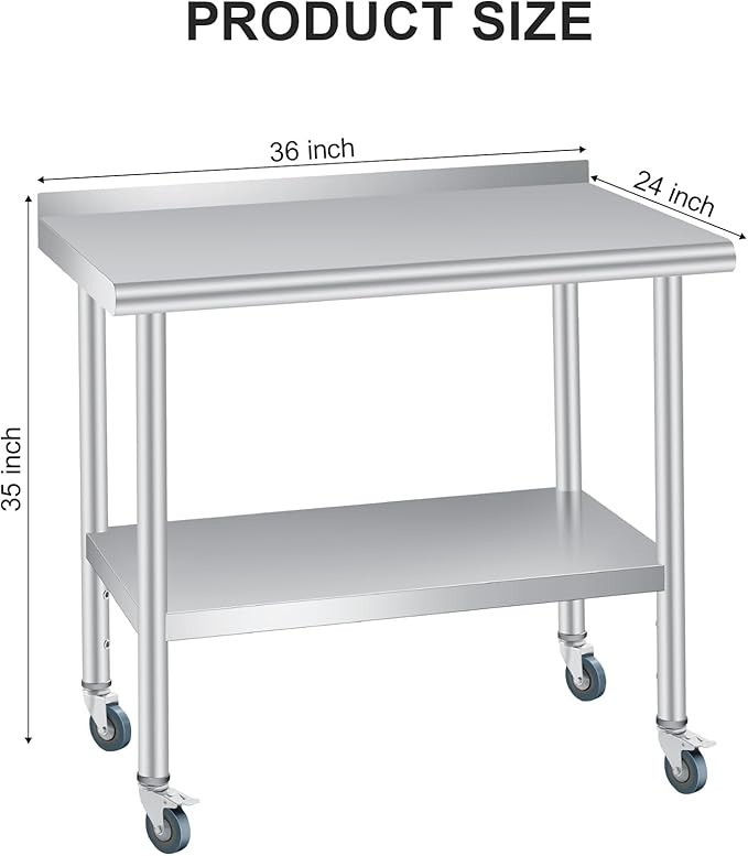 Stainless Steel Work Table with Wheels Commercial Kitchen Prep Table