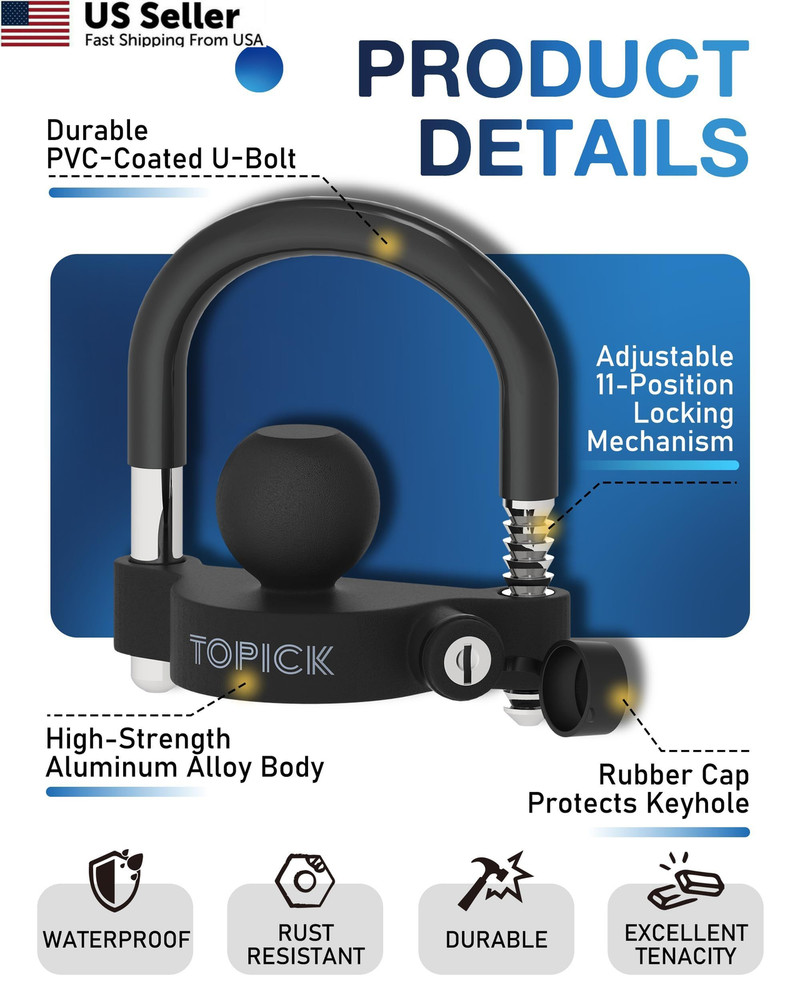 TOPICK Trailer Coupler Lock, Universal Ball Matt Black