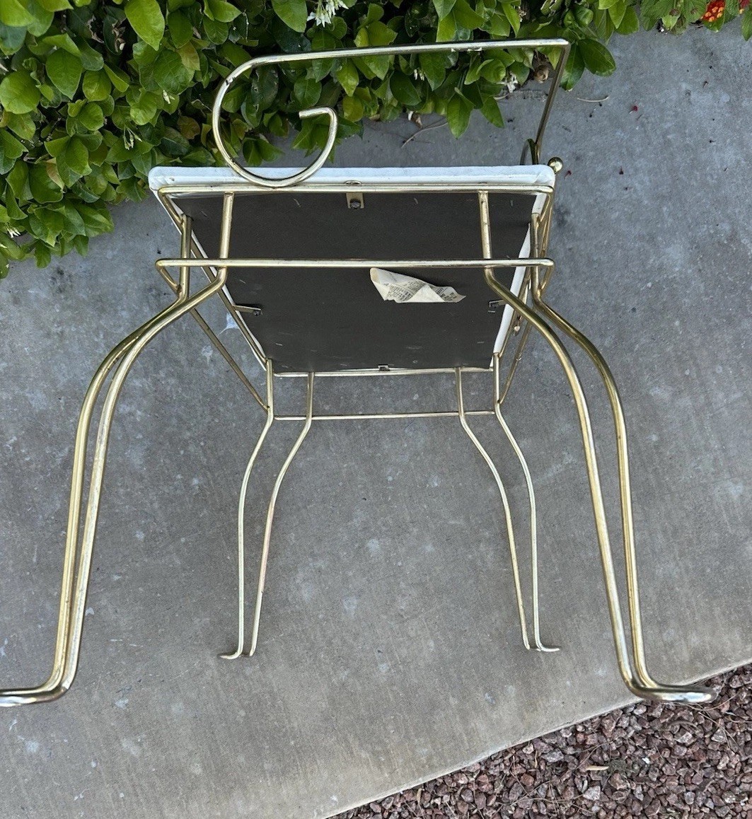 Vanity Bench White Tufted Seat Gold Metal Pearl Wick Vintage Stool