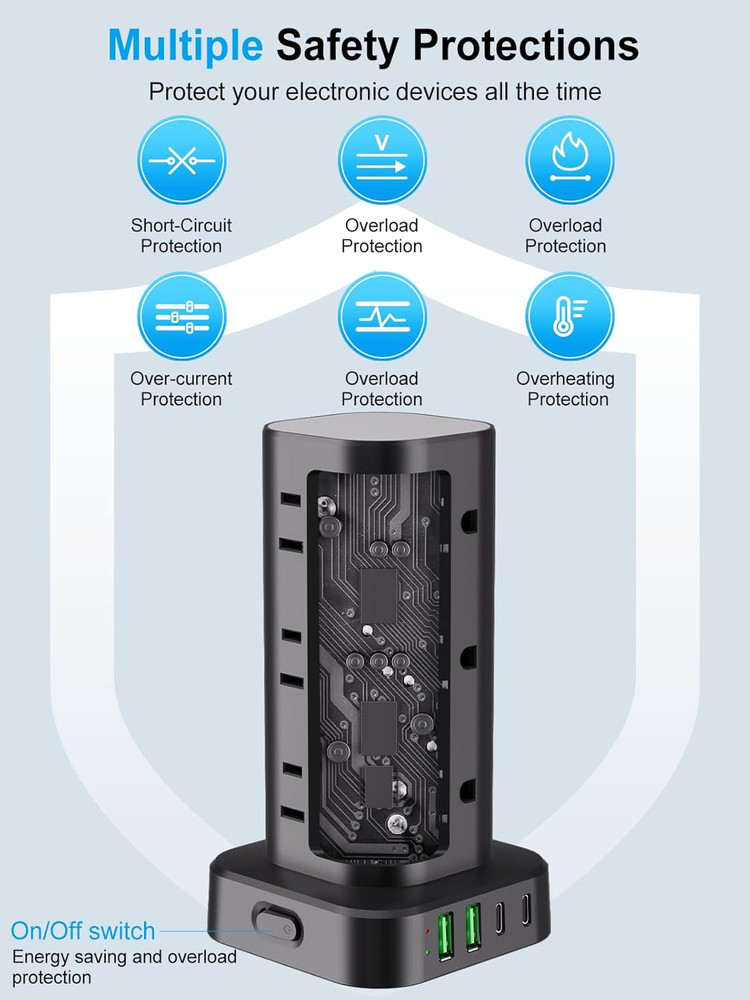 Power Strip Tower with Multiple Outlets, Flat Plug Surge Protector Tower Extensi