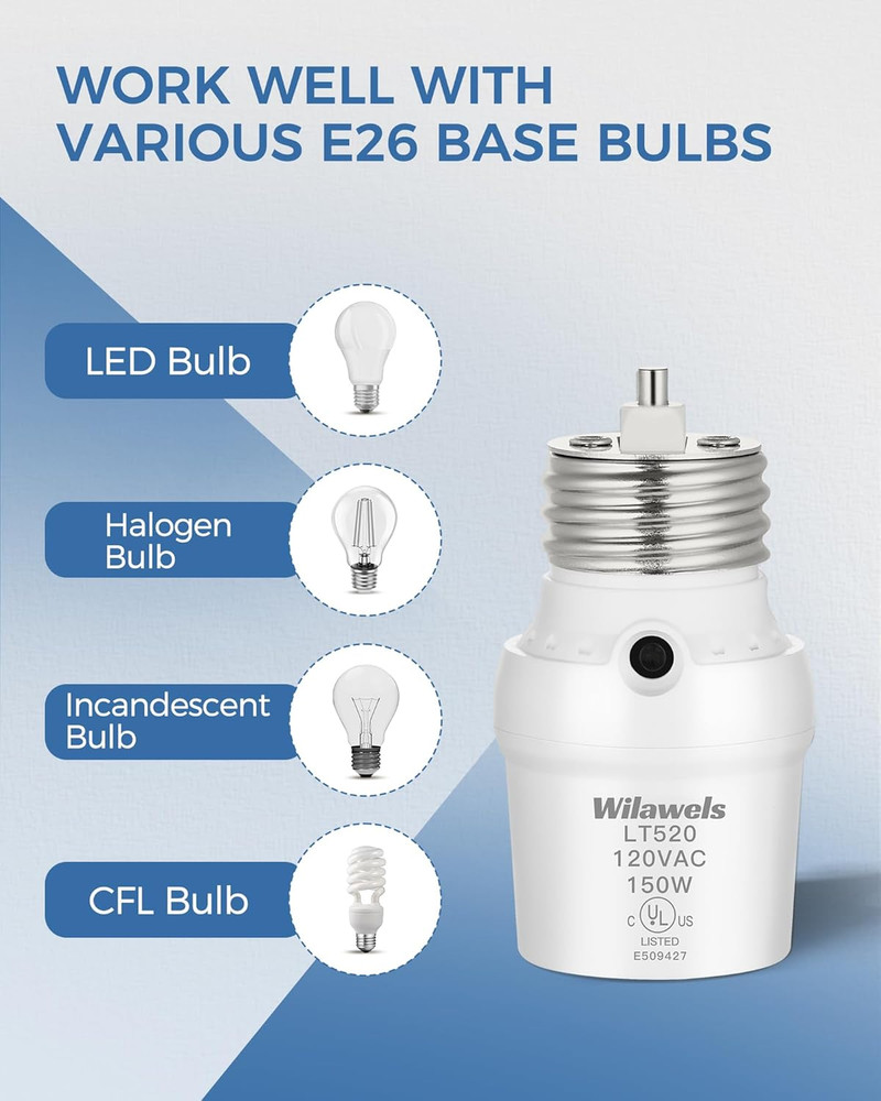 Dusk to Dawn Light Sensor Socket Adapter, E26 Base, 360° Sensor, 4 Pack, UL