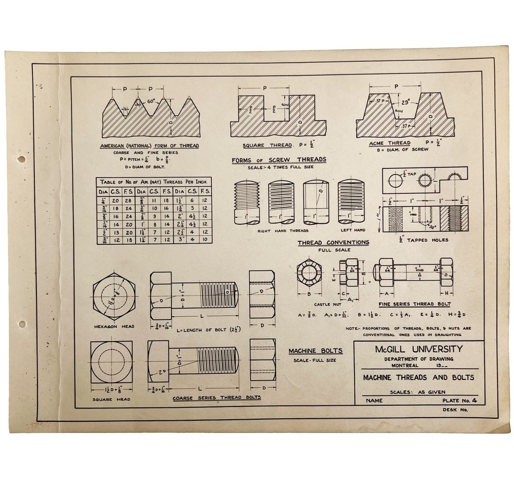 McGill University Machine Threads 1965 Mechanical Drawing Print DWEE12
