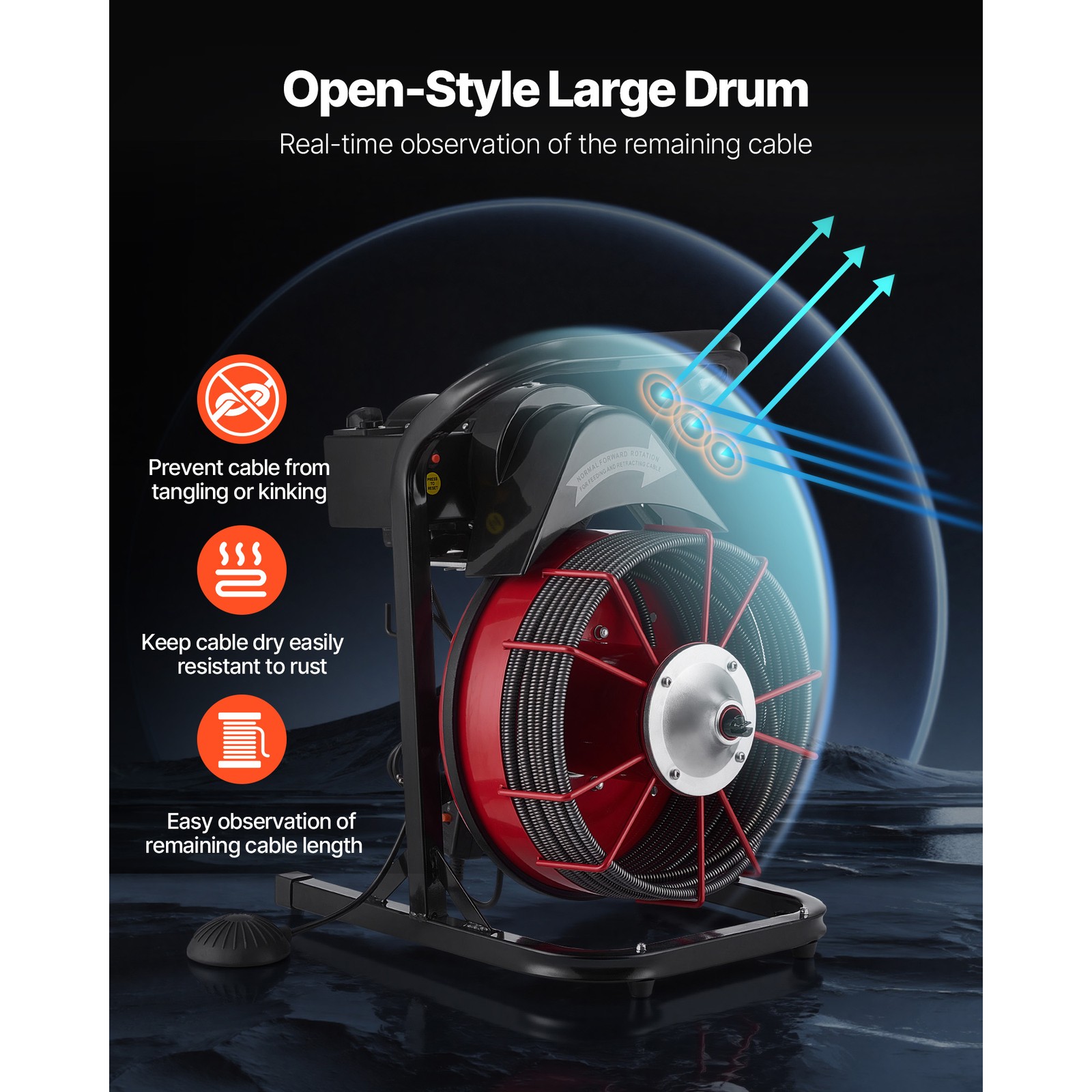 Uimoso Drain Cleaning Machine with 75FT x 1/2 In Cable and 4 Cutter Attachments