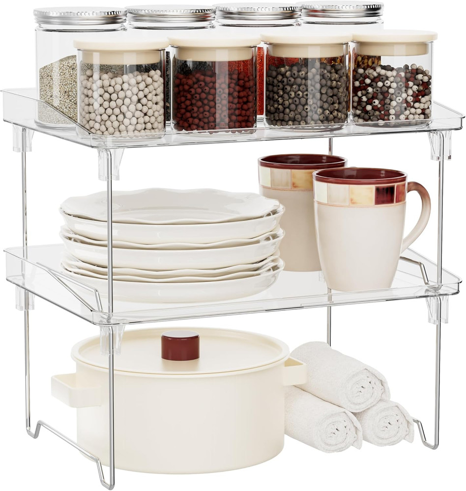Set of 2 Counter Shelves Kitchen Stackable Cabinet Shelf Organizer Expandable