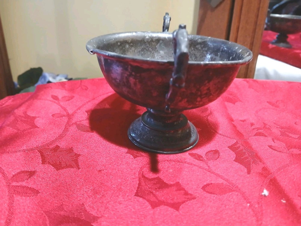 Vintage Silverplate Two-Handled Footed Bowl Cup Spain Ornate Scroll Handles