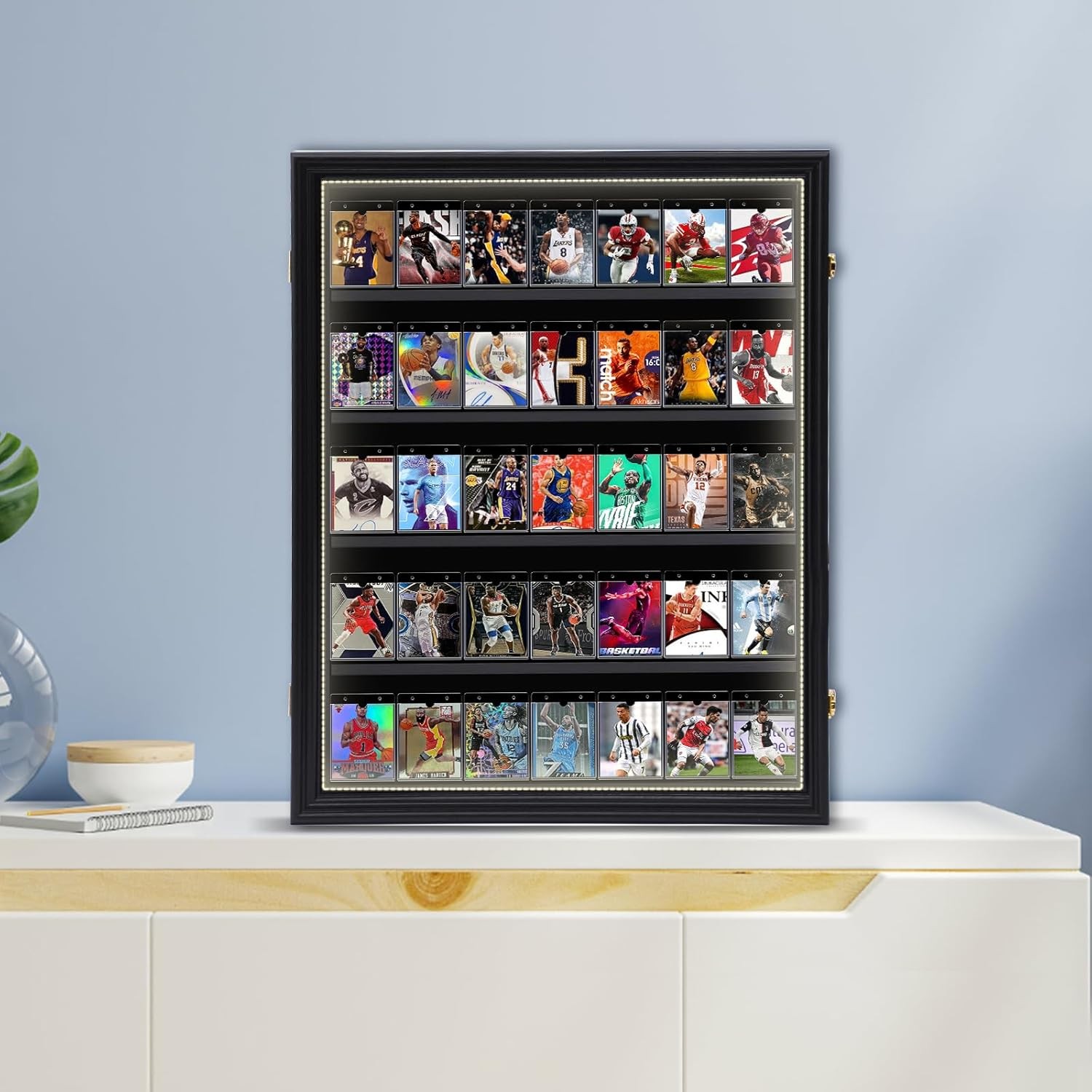 Graded Trading Card Display Case 35 LED Light Sport PSA Slabs Wood Wall Cabinet