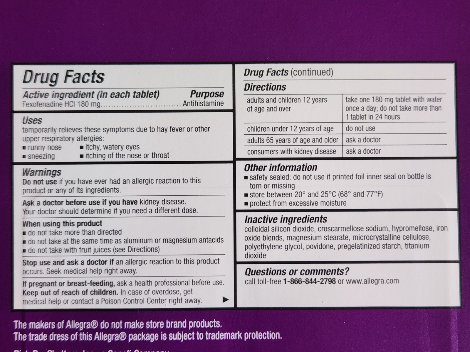 Allegra Allergy 24hr Fexofenadine HCI 180mg antihistamine 110 pill Expire 7/2026