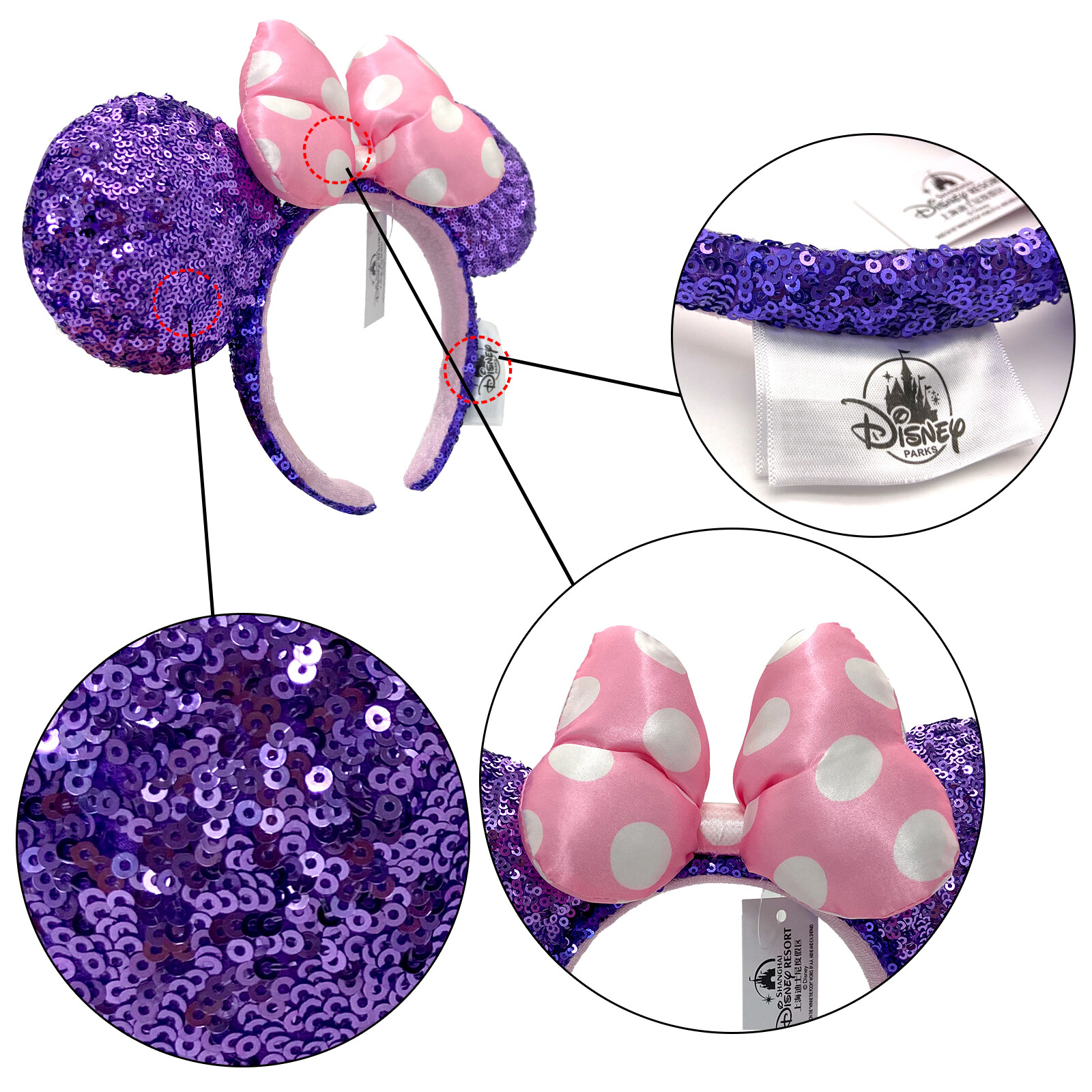 Disney Parks Minnie Ears Headband Pink Polka Dot Purple Sequin