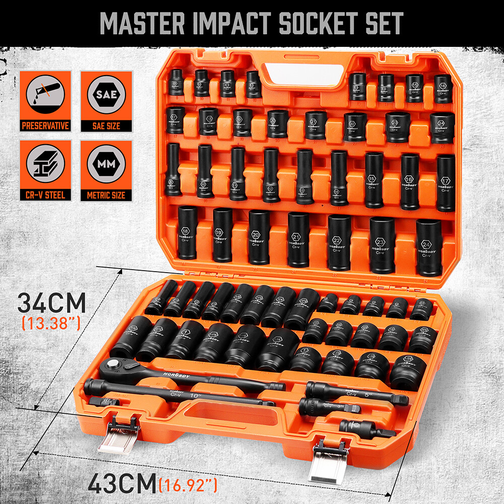 Impact Deep Shallow Socket Set 66PC 1/2" Drive 6 Point SAE Metric Master & Case