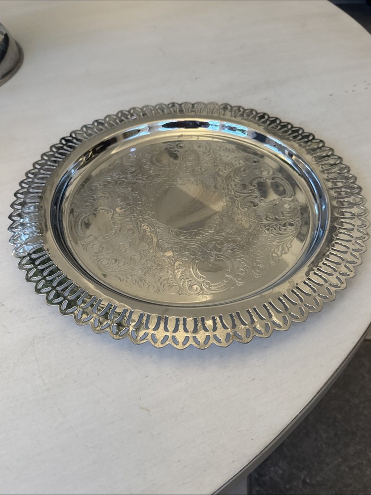 Home Decorators Inc Silver Plated Round Tray Platter pierced scalloped 13”