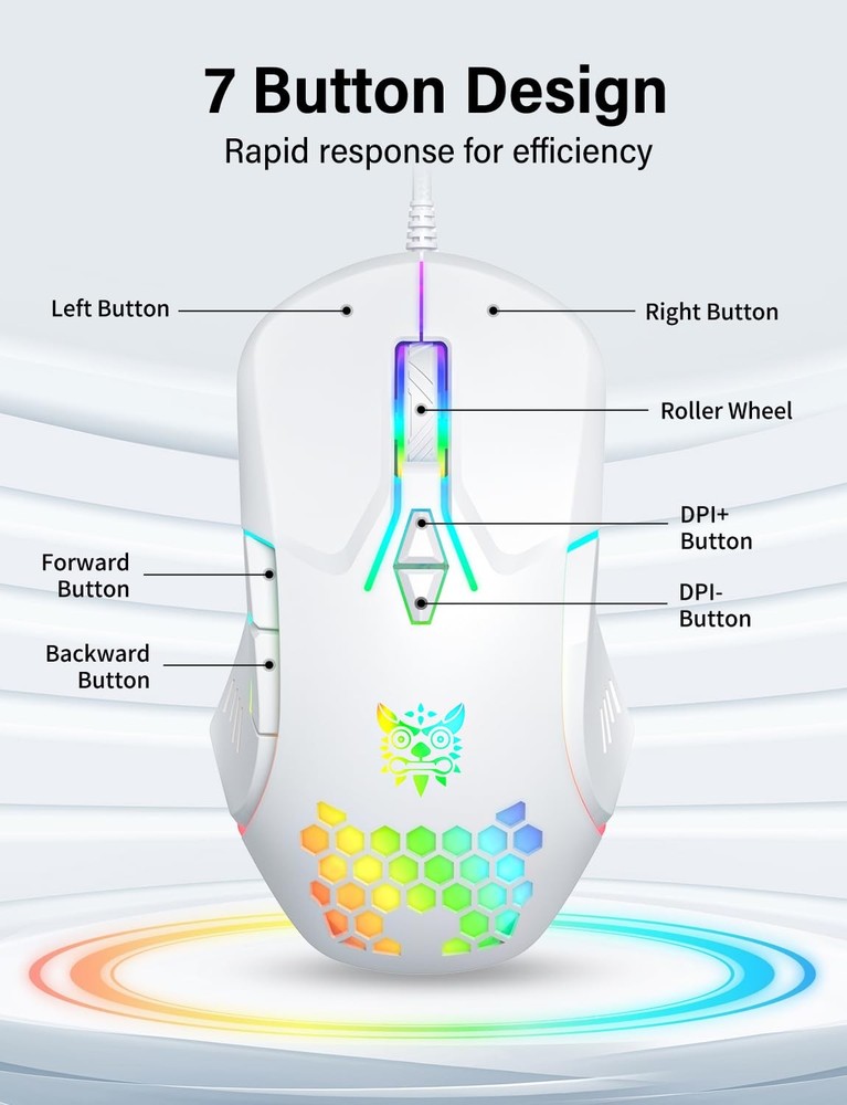 Wired USB Mouse with RGB Lighting 4 Adjustable DPI 7 Buttons White