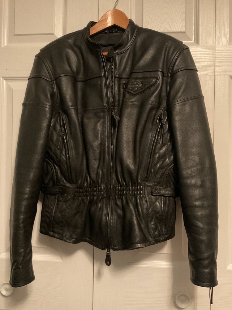 Women's Large Harley Davidson Black Leather Jacket quilted vented pockets