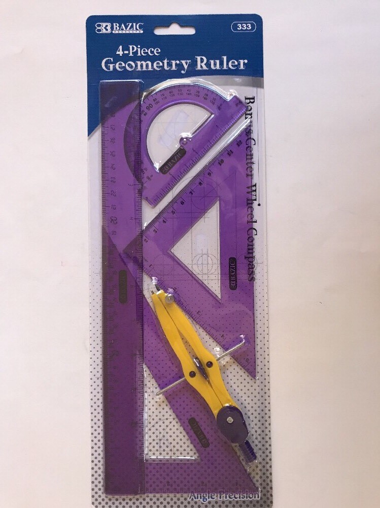 5-Piece Geometry Ruler Straight Triangle Protractor Compass Bazic New