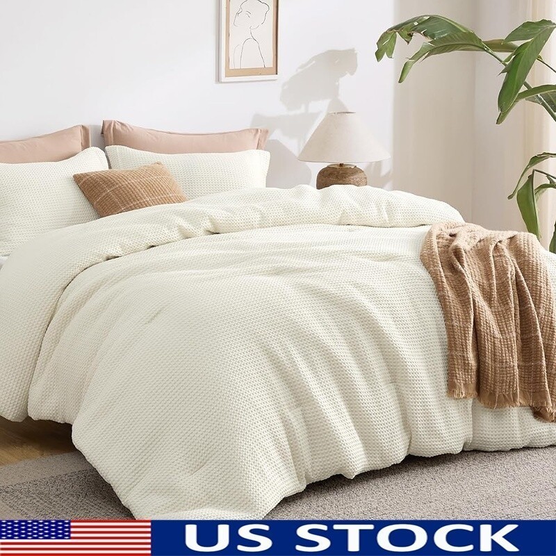 Waffle Comforter Set Queen Soft Breathable Microfiber Vintage Design 3 Pieces US