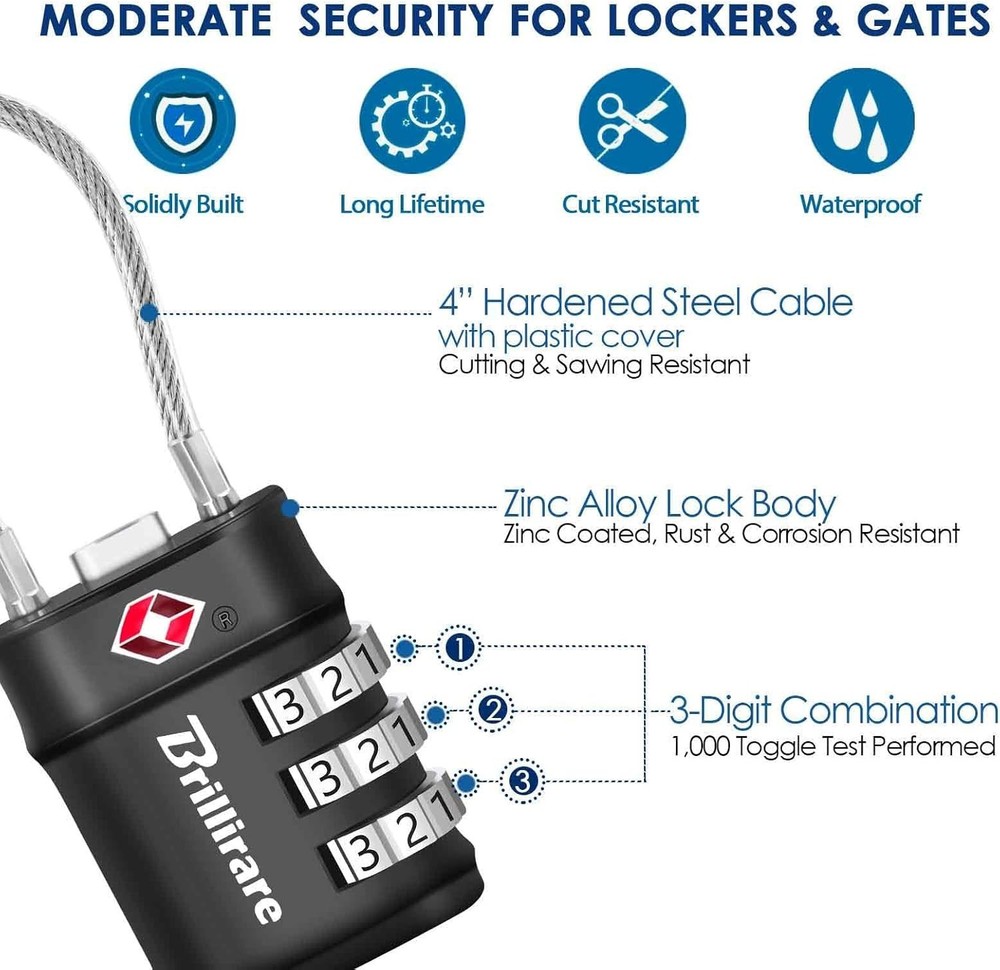 4-Pack TSA Approved Locks: Waterproof 3-Digit Travel Cable Locks for Security