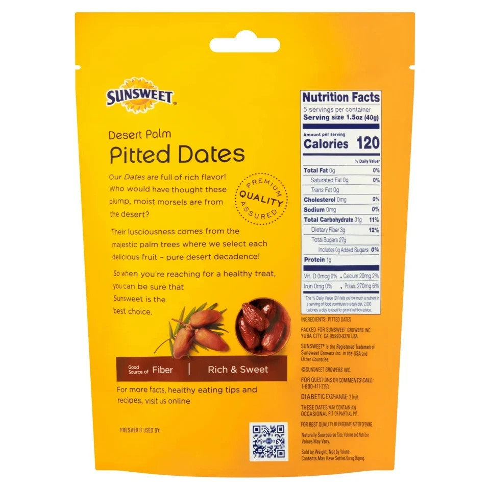 (2 pack) Sunsweet, Desert Palm Pitted, Dates, 8 oz Pouch