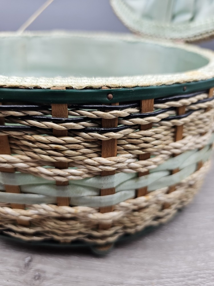 Vintage Dritz Round Wicker Sewing Basket Green