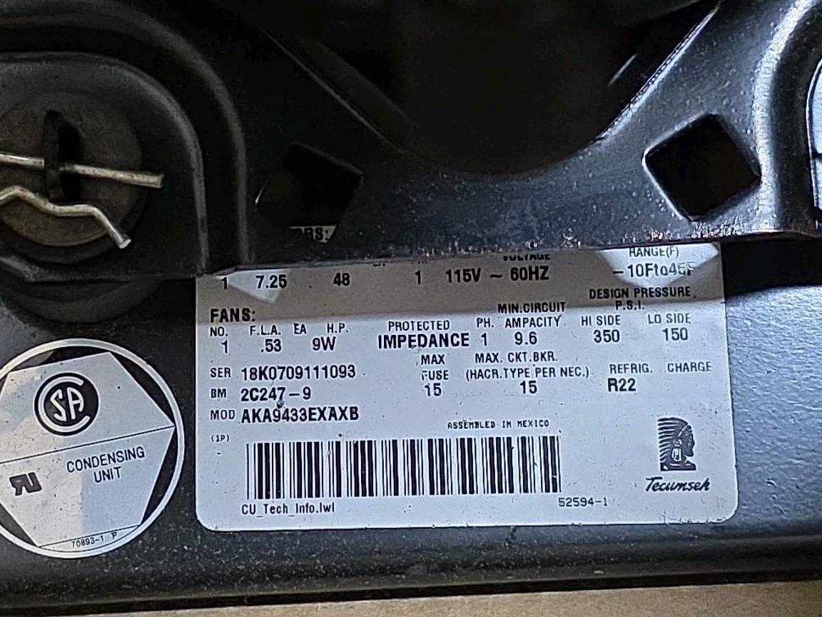 Tecumseh Compressor AKA9433EXAXB 2C247-9 1/3 HP R-22