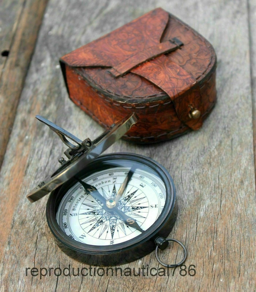 Nautical Astrolabe Solid Brass Antique Working Compass With Leather Case Gift