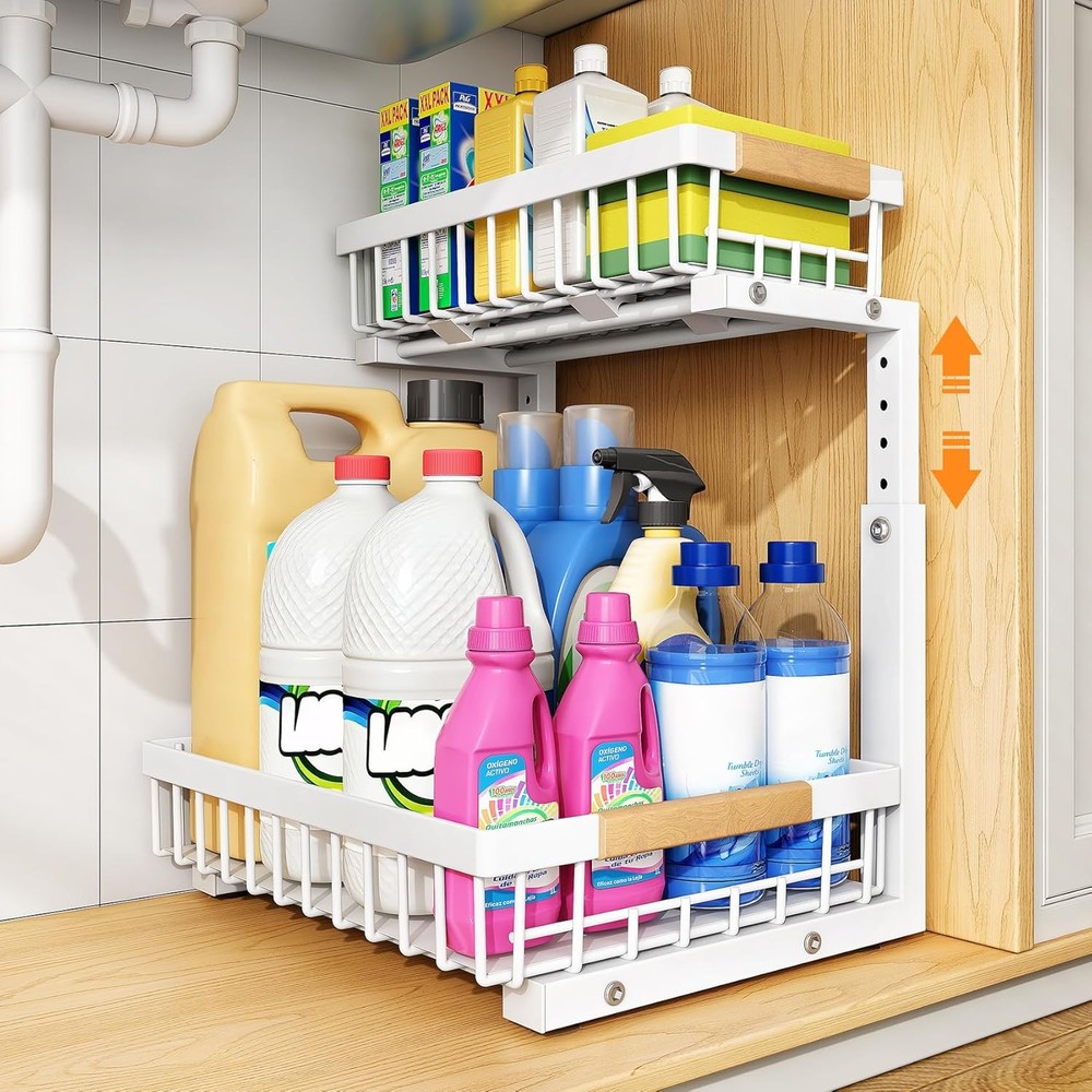 Under Sink Organizer Adjustable Height 2 Tier Pull Out Under Cabinet Organizer