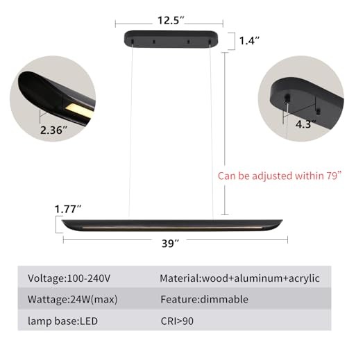 39" Modern Led Linear Pendant Light Dimmable Ceiling Hanging Lights 39IN Black