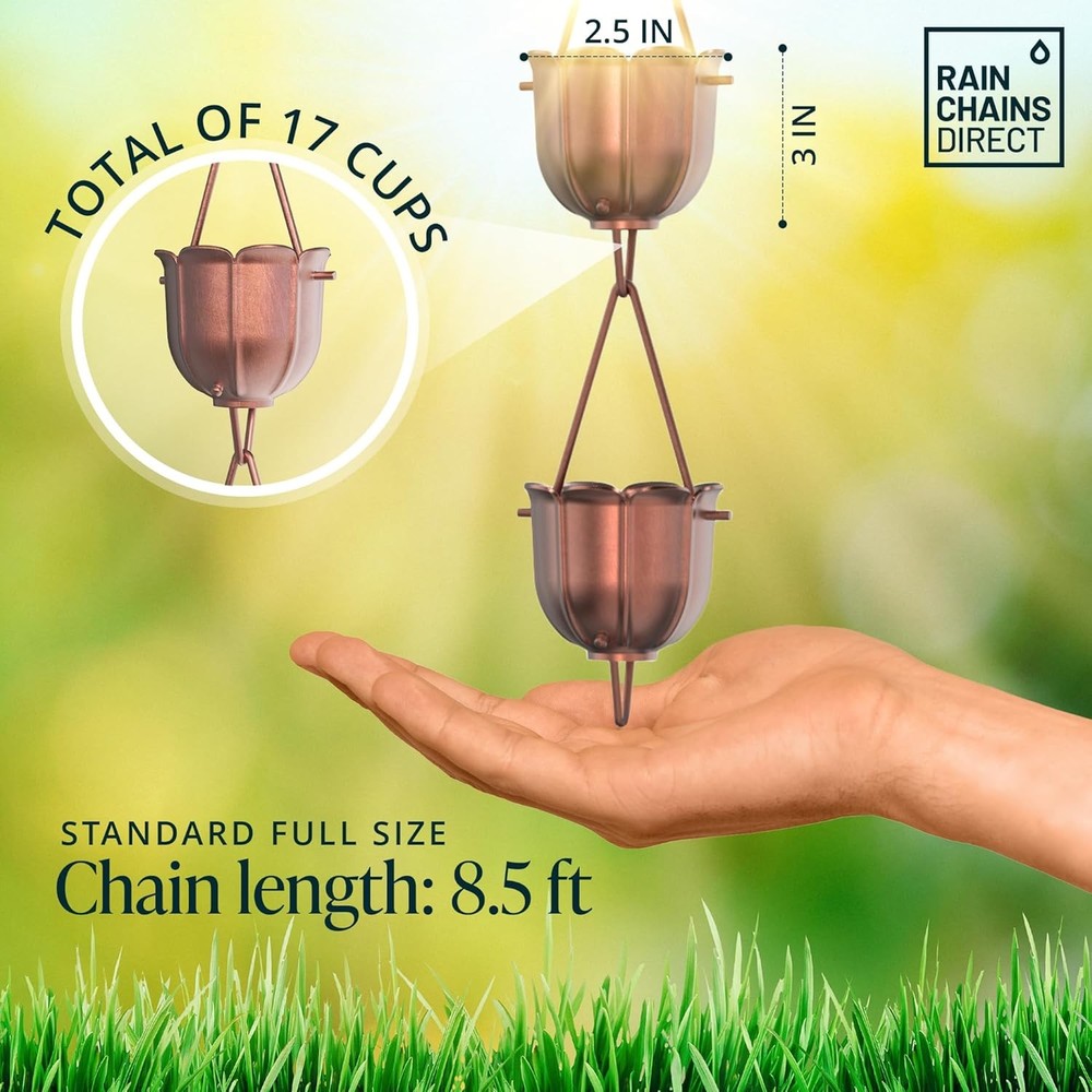 Flutes Rain Chain 8.5 FT Pure Solid Copper Premium Rain Chains Gutters