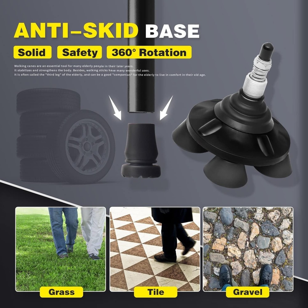 Folding Walking Cane with LED Light & Pivoting Quad Base - Adjustable & Portable