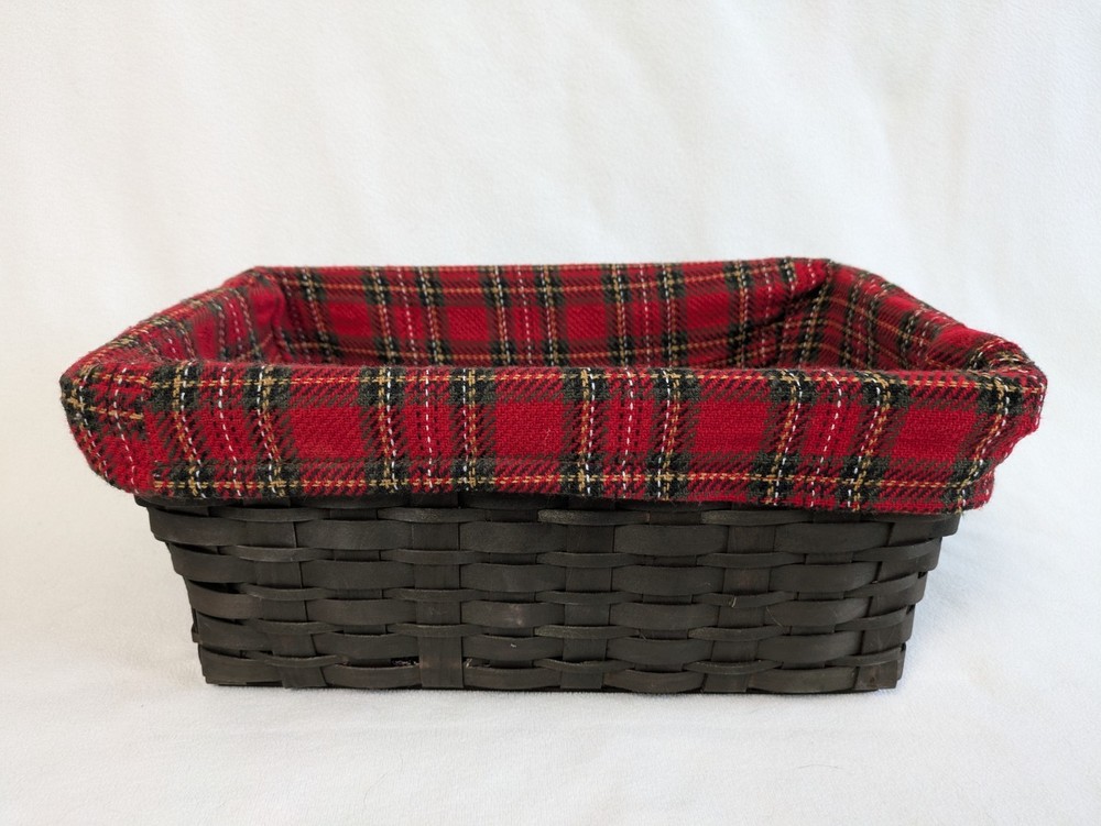 Split Reed Wicker Rectangle Nesting Baskets Holiday Plaid Fabric Lined Set Of 2