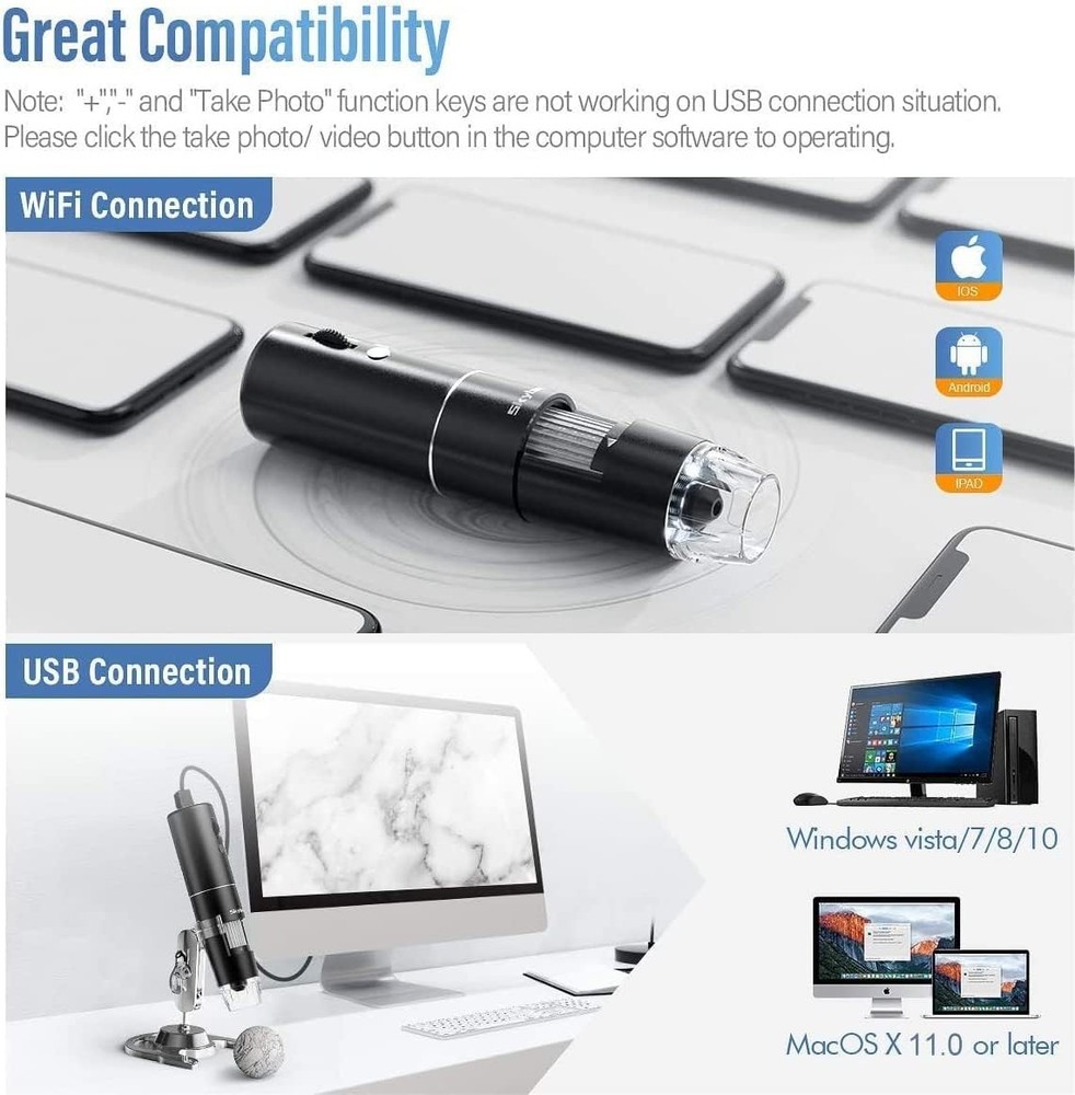 Wireless Digital Microscope, 50X-1000X Magnification WiFi Portable Handheld M...
