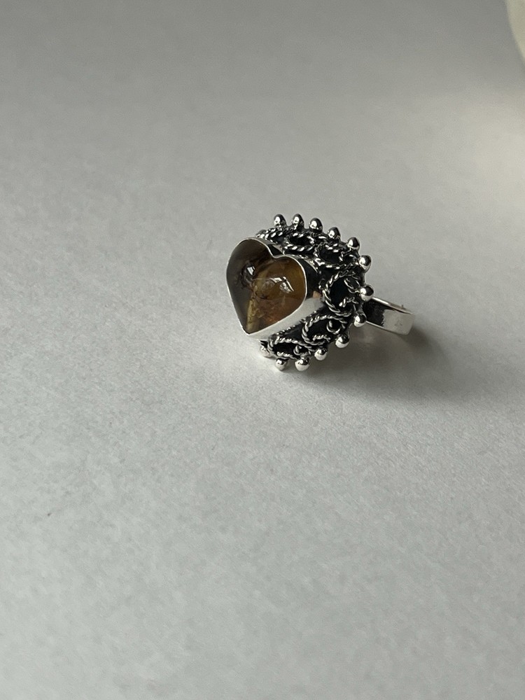 Amber Heart Ring 925 Sterling Silver Adjustable Artisan Statement