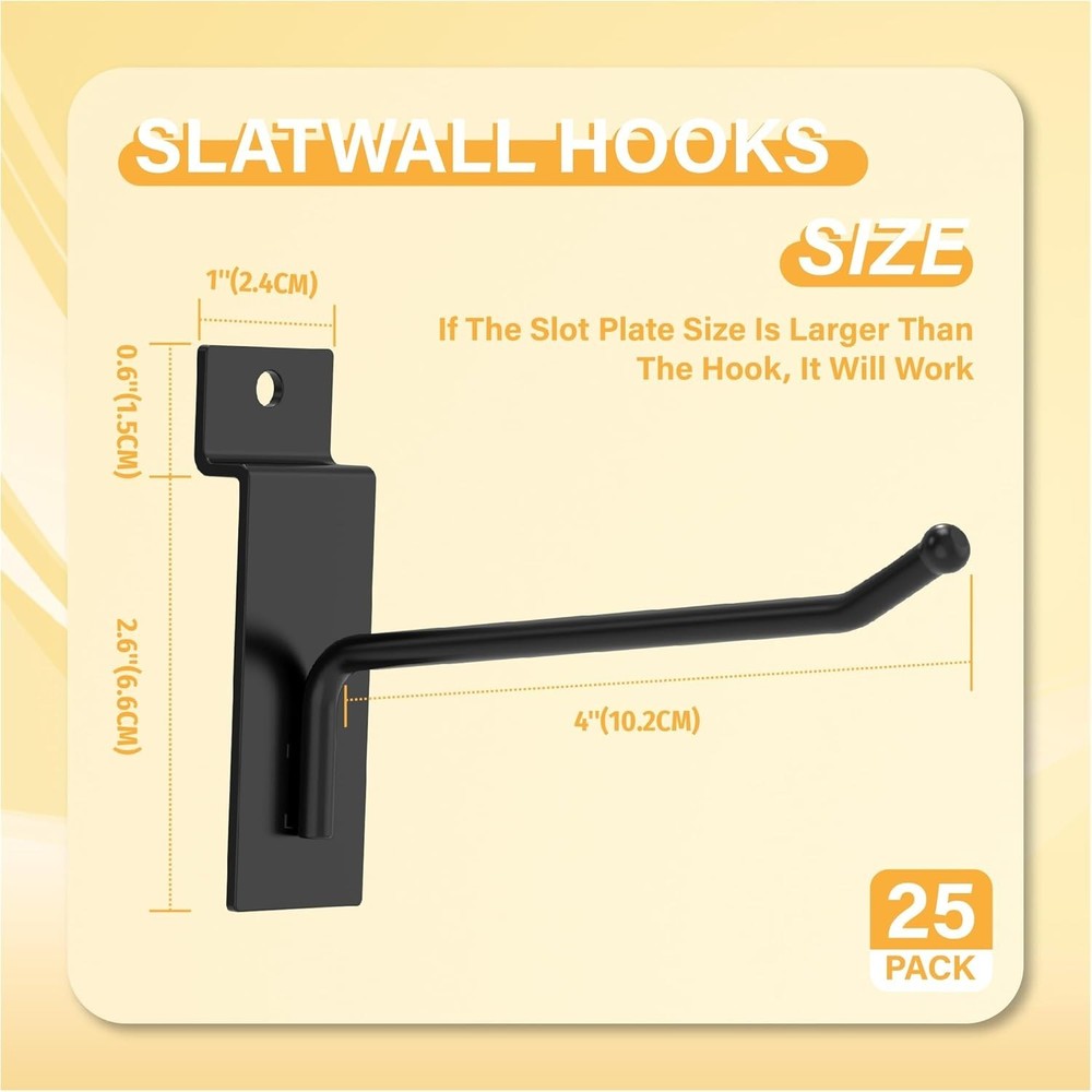 Industrial Black Slatwall Hooks, 25PC, Adjustable & Rust Resistant - 4 Inch Size